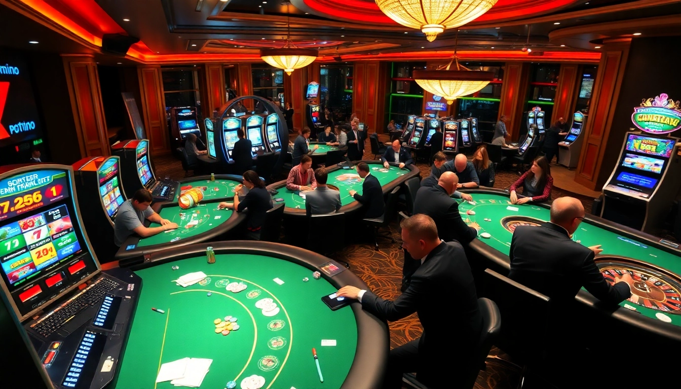 TG88 casino scene with players at poker tables and vibrant slot machines