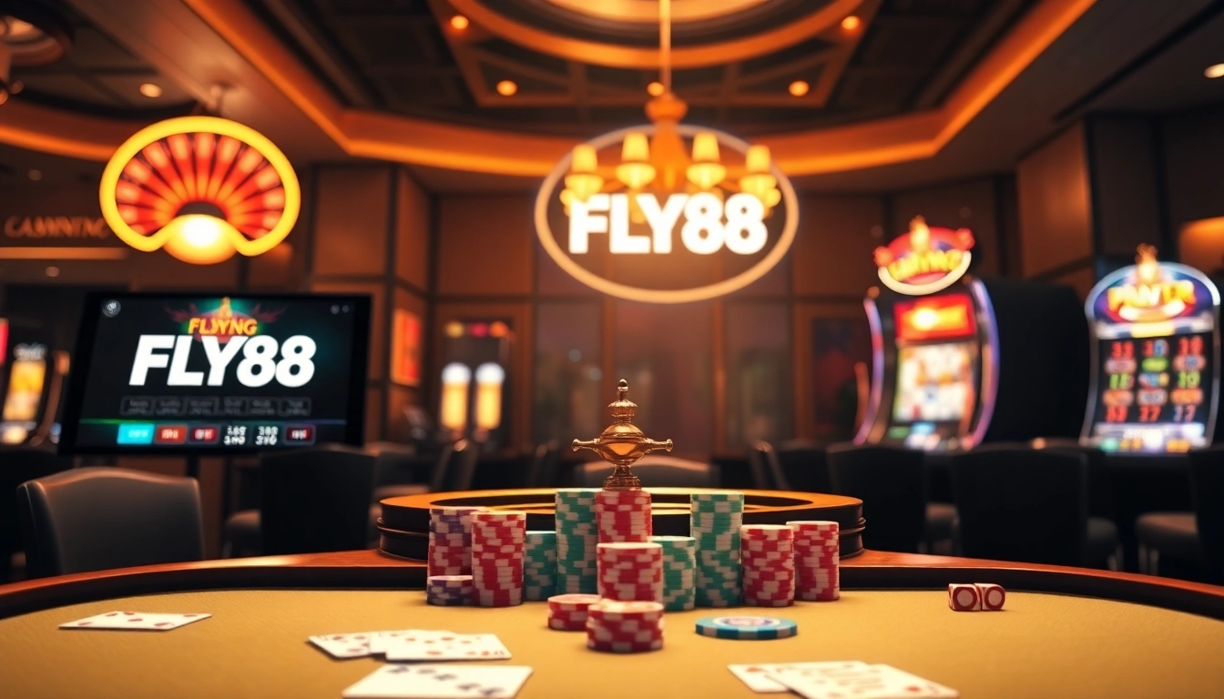 Experience the thrill of FLY88 casino gaming with vibrant poker chips and roulette excitement.