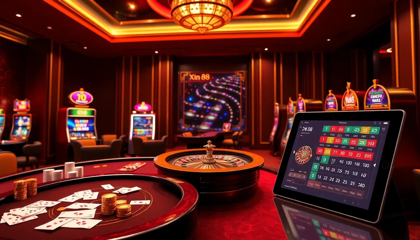 Exciting gambling scene showcasing Xin 88 with casino tables, poker chips, and slot machines.