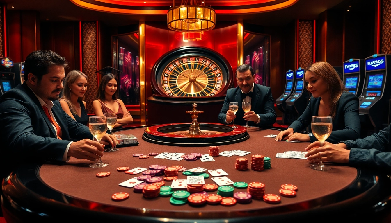 Exciting gaming action at fly88 casino with vibrant poker chips and illuminated roulette wheel.