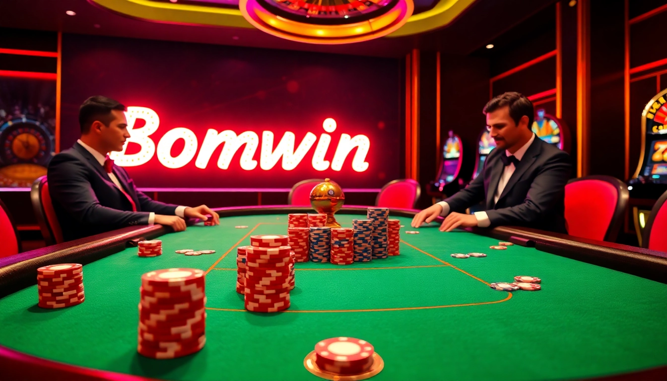 Engage in high-stakes poker at a luxurious Bomwin casino table with vibrant poker chips.