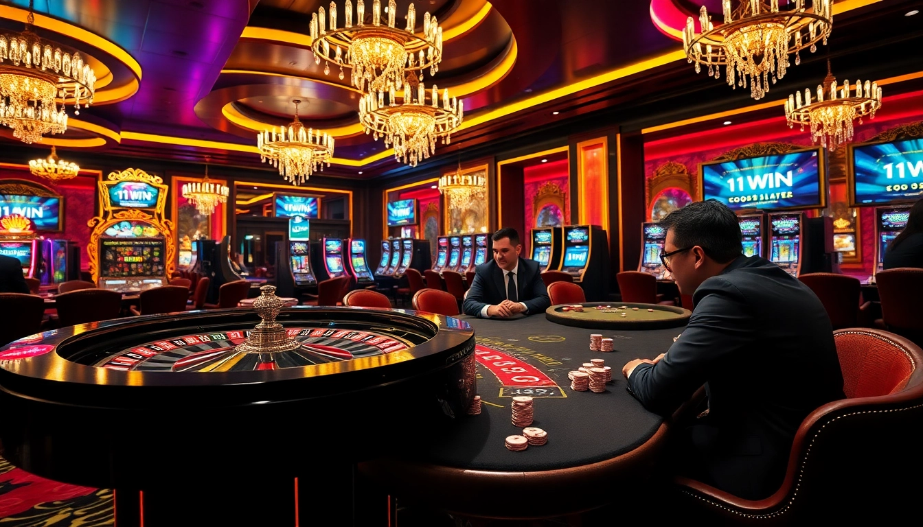 Engaging gamblers at a roulette table with 11WIN strategy highlighted amidst a vibrant casino atmosphere.
