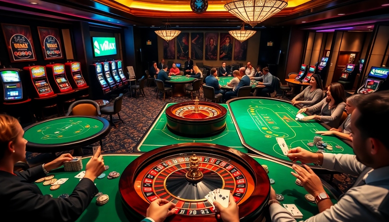 Experience the excitement of VMAX casino games with engaging poker tables and a lively roulette wheel.