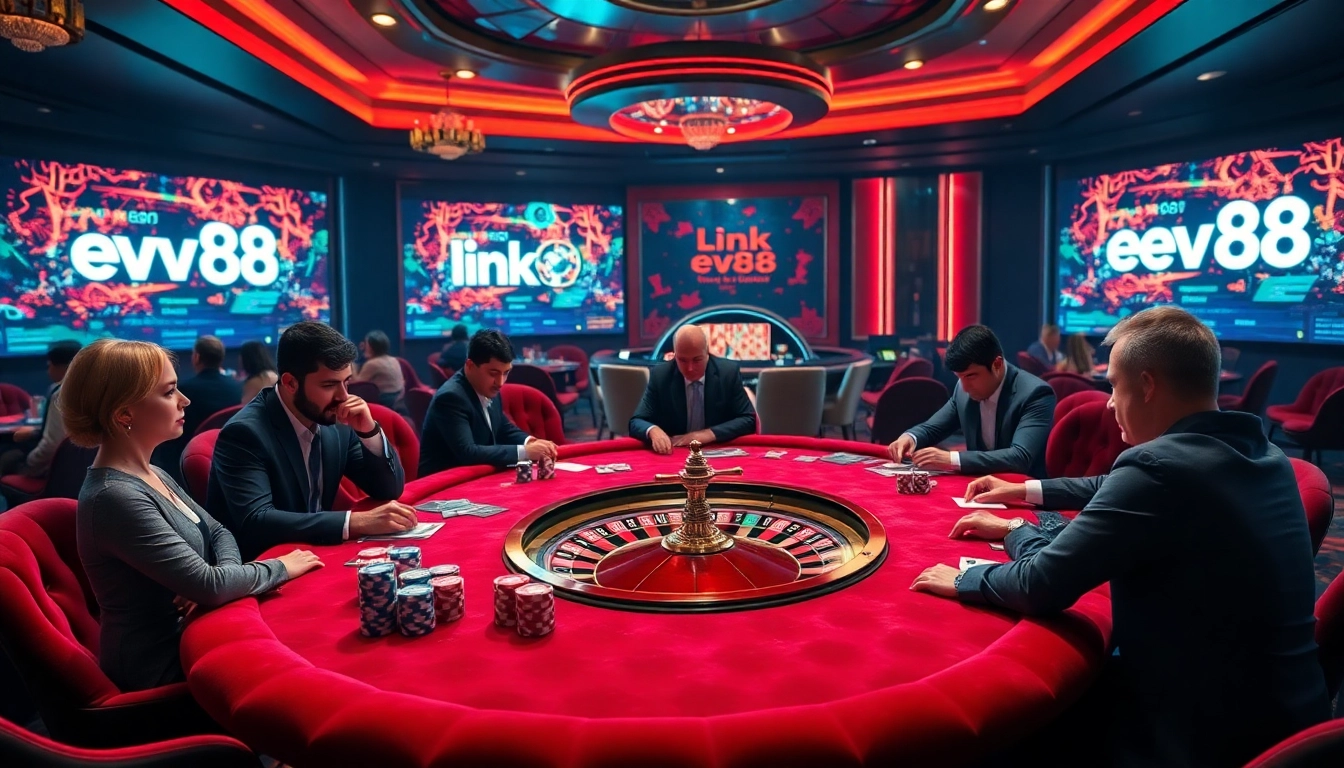 Engaging scene of players at a table gambling with link ev88 logo prominently displayed in a vibrant casino atmosphere.