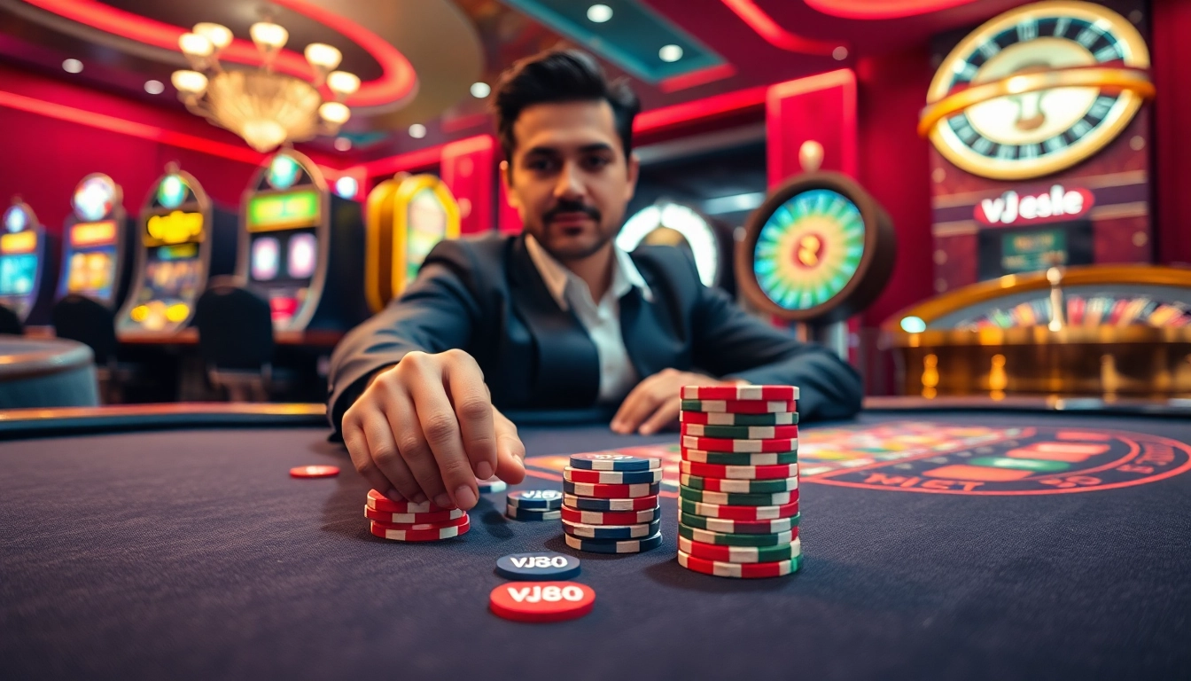 VJ88 showcasing thrilling casino action with vibrant poker chips and a luxurious blackjack table.