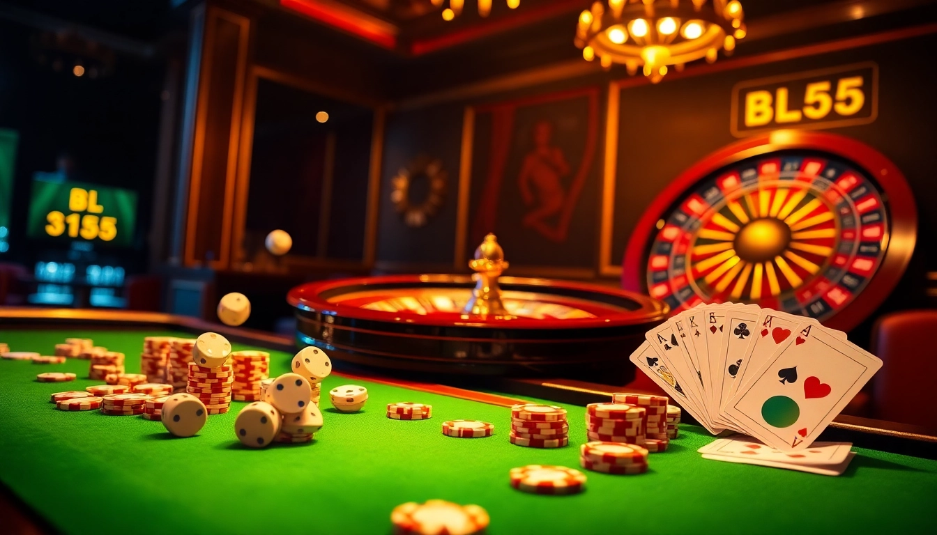 The dynamic atmosphere of nhà cái BL555 represented with vibrant poker chips, roulette wheel, and digital promotions.