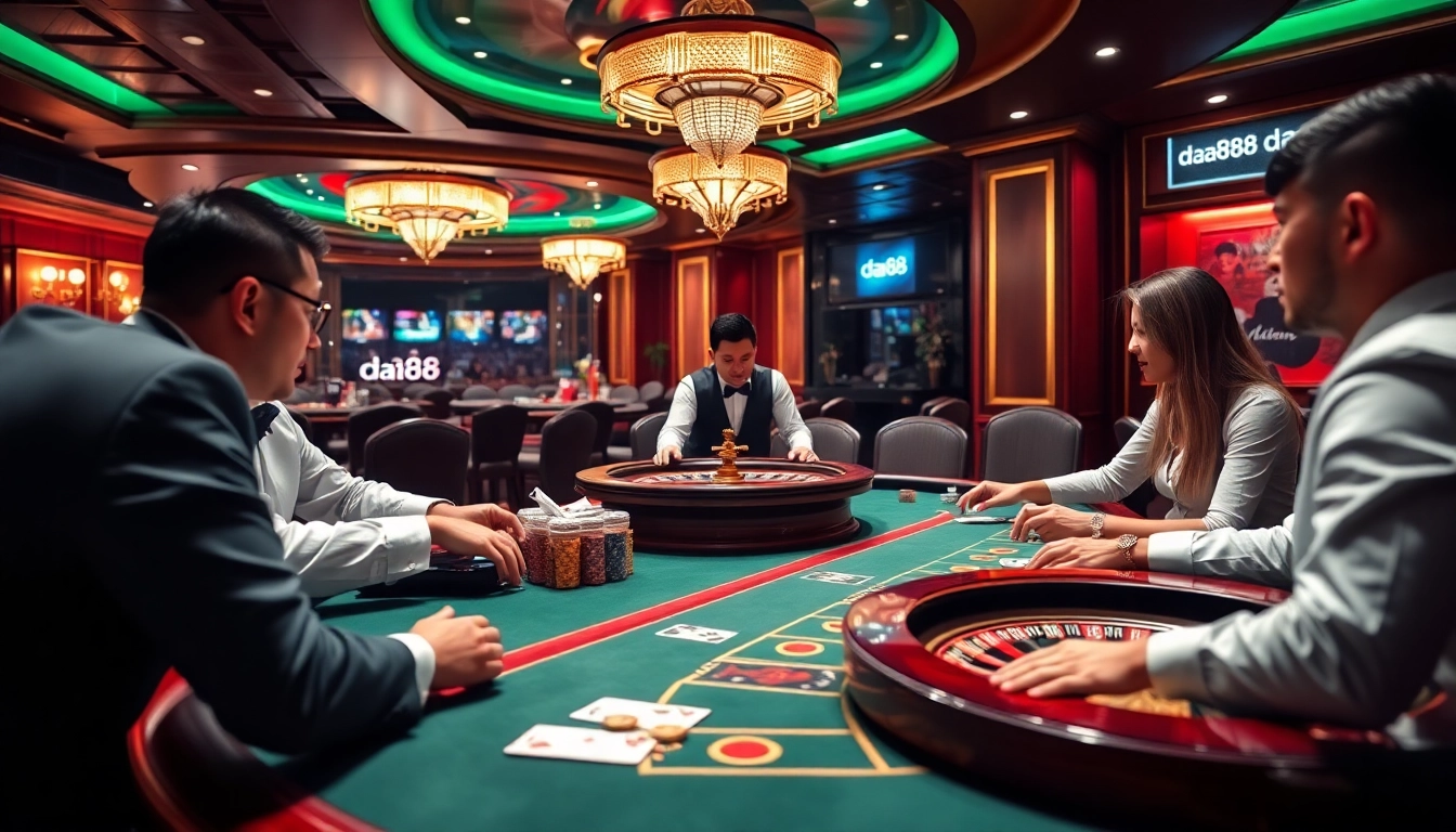 A professional poker game at a luxurious casino showcasing da88 chips and cards with an elegant atmosphere.