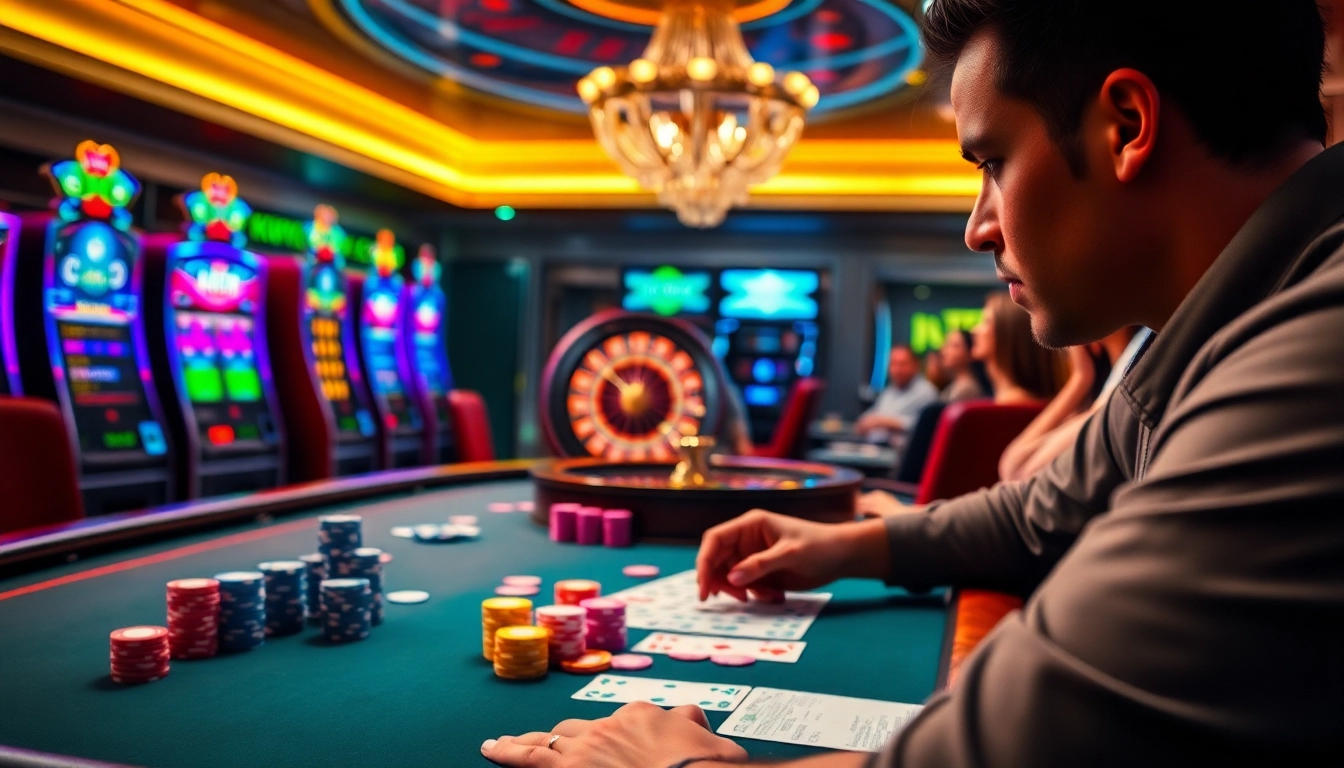 Engage in high-stakes poker with kp88 chips amid a luxurious casino atmosphere.