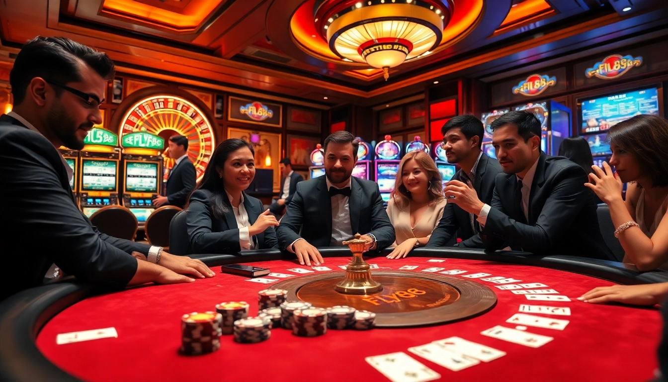 FLY88-themed poker chips and cards at a luxury casino table, capturing the thrill of gambling.
