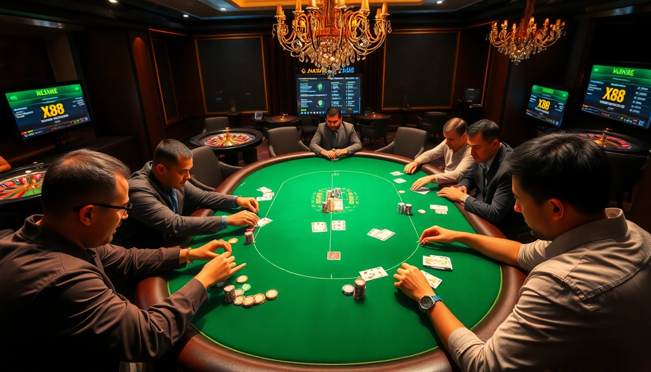 Exciting poker action at an elegant casino table highlighting xx88 gameplay.