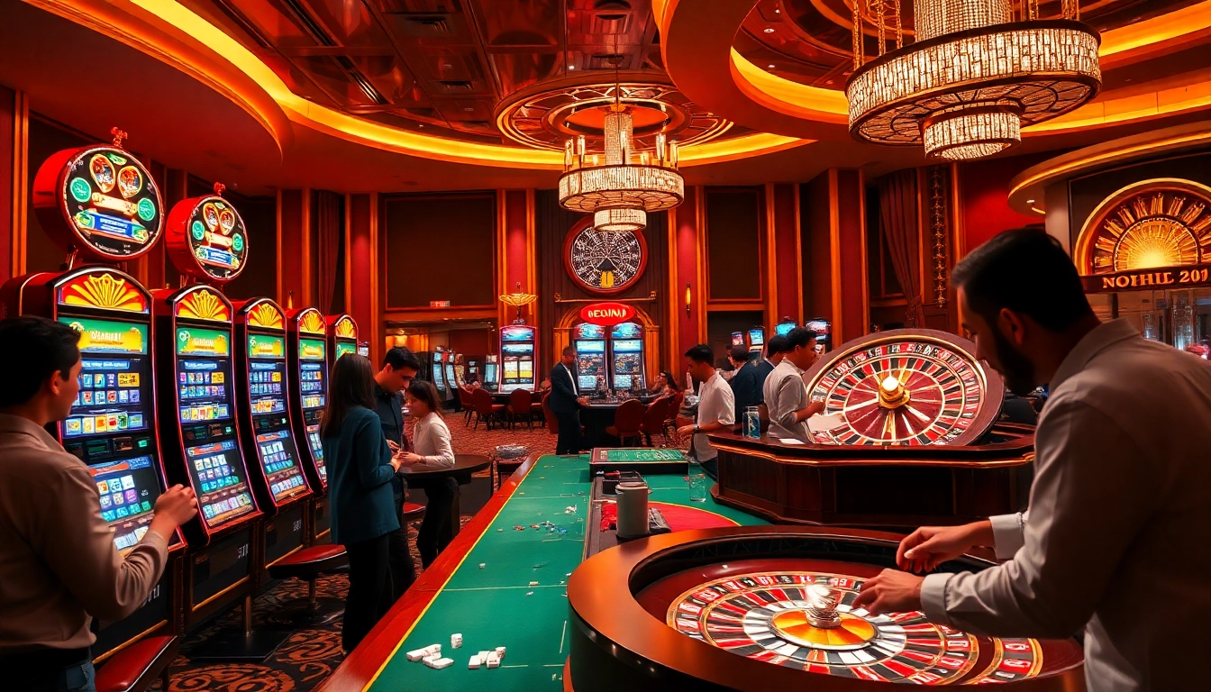 The excitement of gambling at https://nohu900.in.net/ with vibrant slot machines and an elegant casino atmosphere.