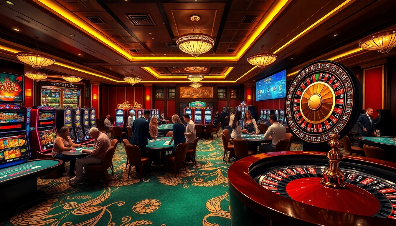 Exciting scene of gamblers at a luxurious casino, featuring trang chu 98win online gambling elements.