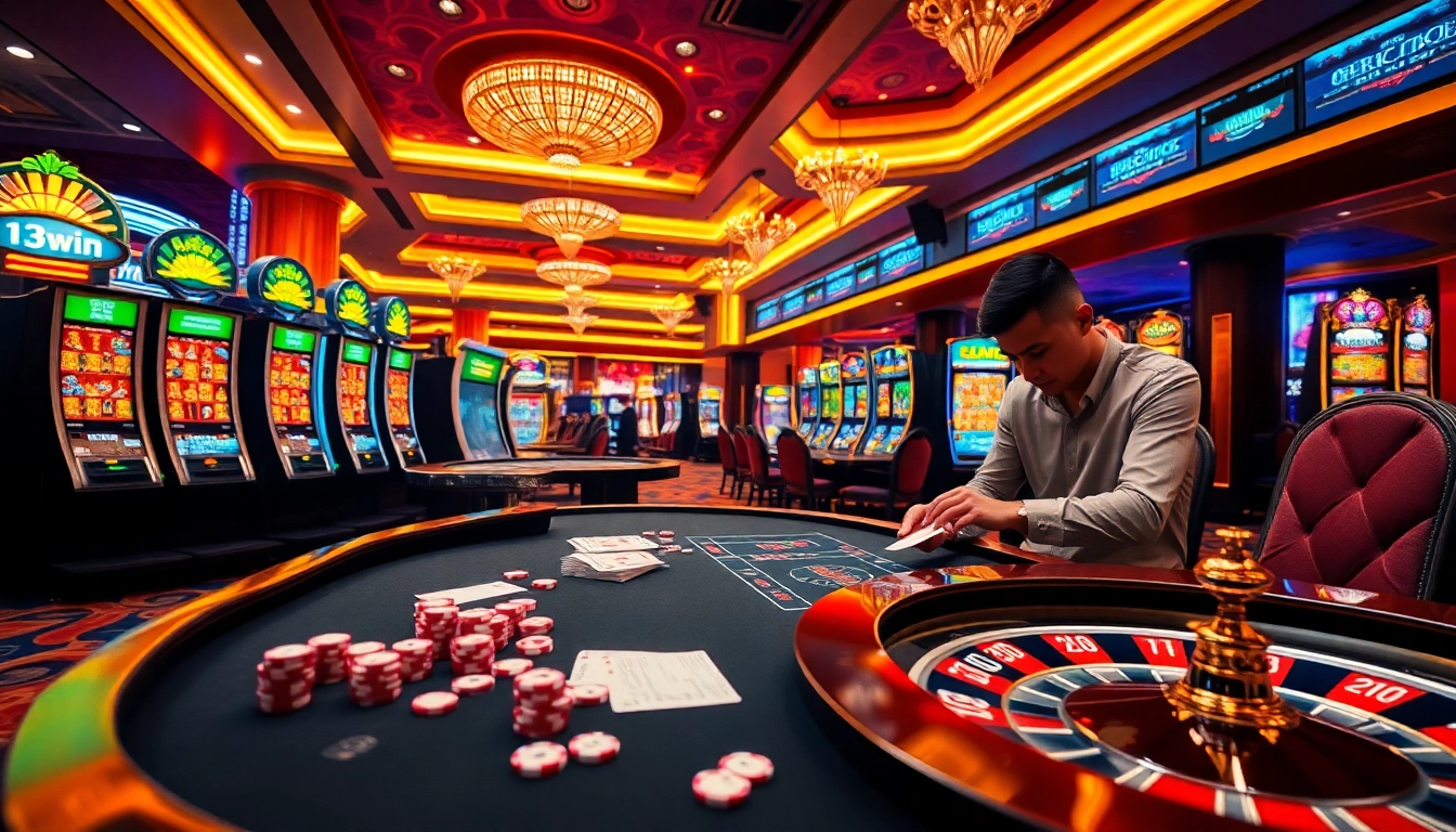 Exciting casino scene at 13win with poker chips and roulette wheel capturing the thrill of gambling.