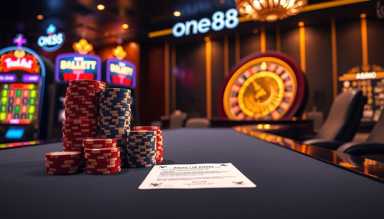 one88 casino scene showcasing poker chips, roulette wheel, and vibrant slot machines
