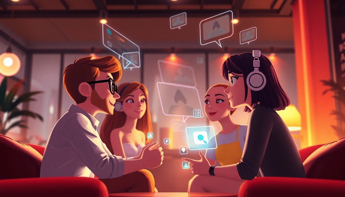 Interactive scene showcasing AI porn chat characters in a cozy digital lounge setting.