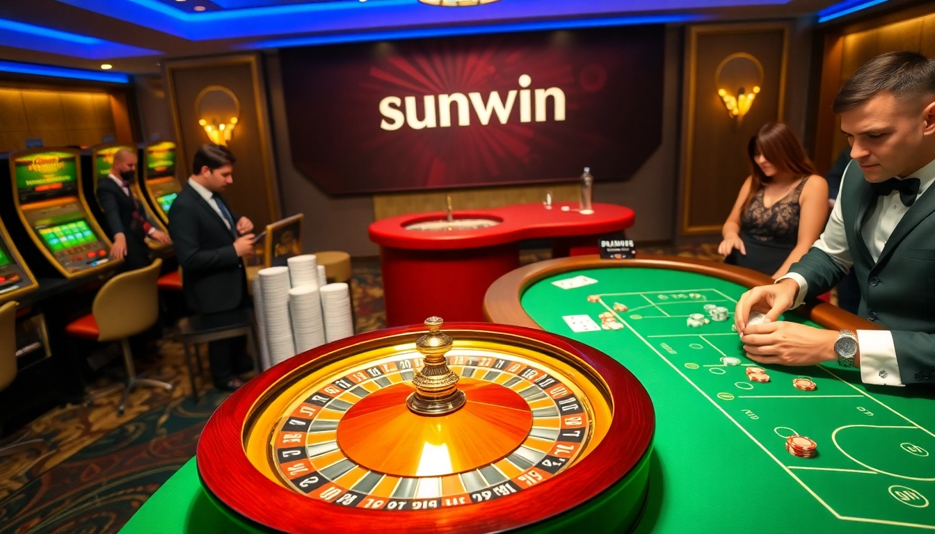 Exciting casino action featuring sunwin-themed roulette and poker tables amidst vibrant gaming atmosphere.