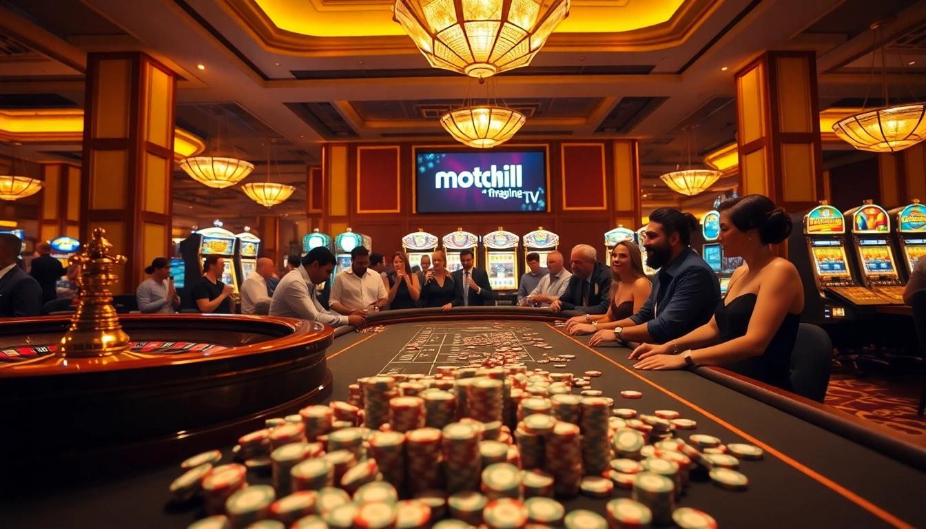 Experience thrilling gameplay at motchill tv's vibrant casino, with players enjoying roulette and slot machines.