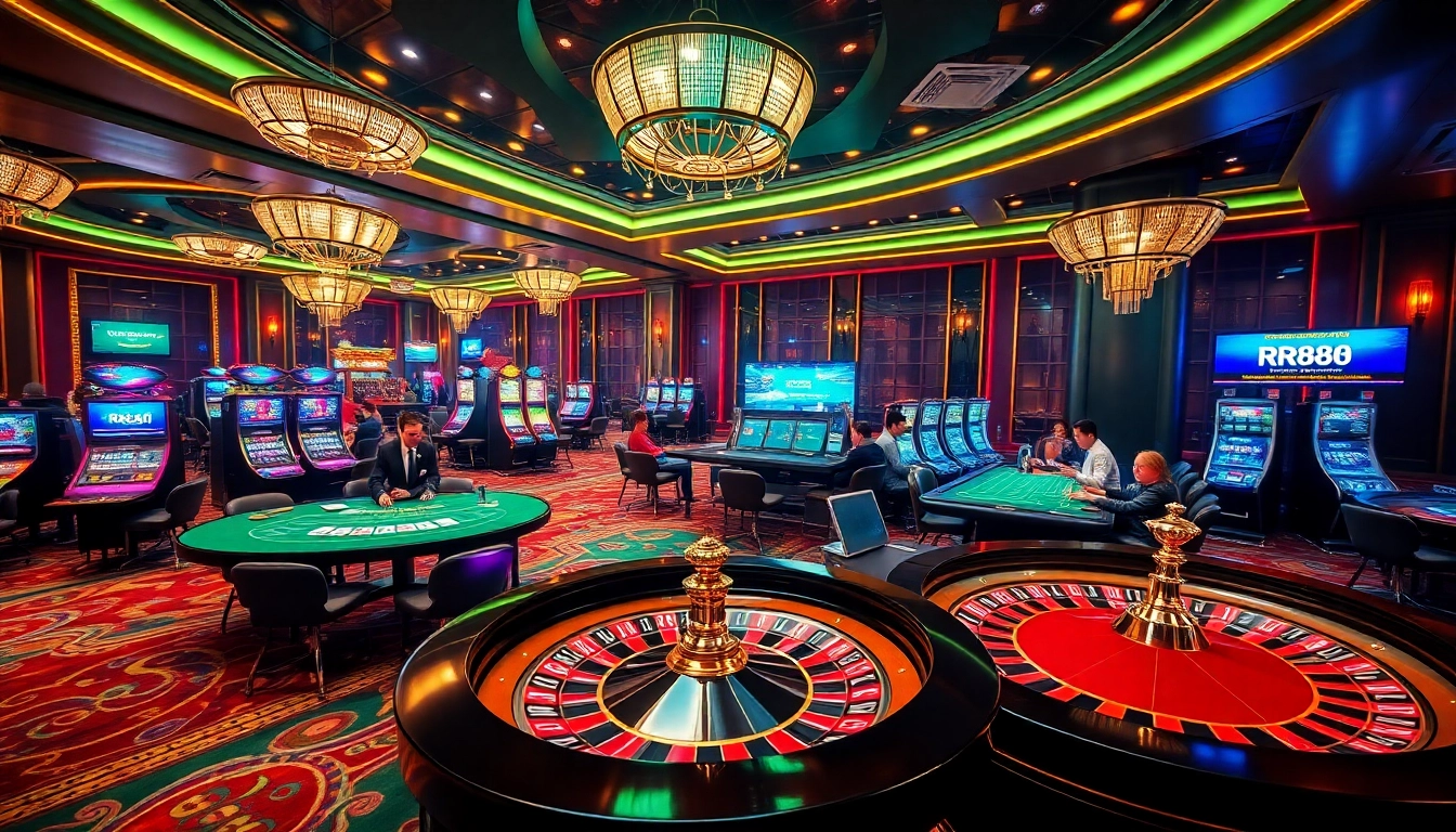 Players enjoying the thrilling atmosphere at RR88 casino with tables and slot machines.
