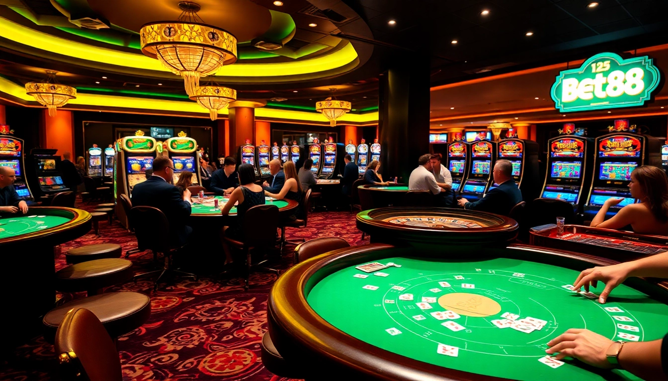 Bet88 players immersed in a thrilling casino experience with vibrant gaming tables and excitement.