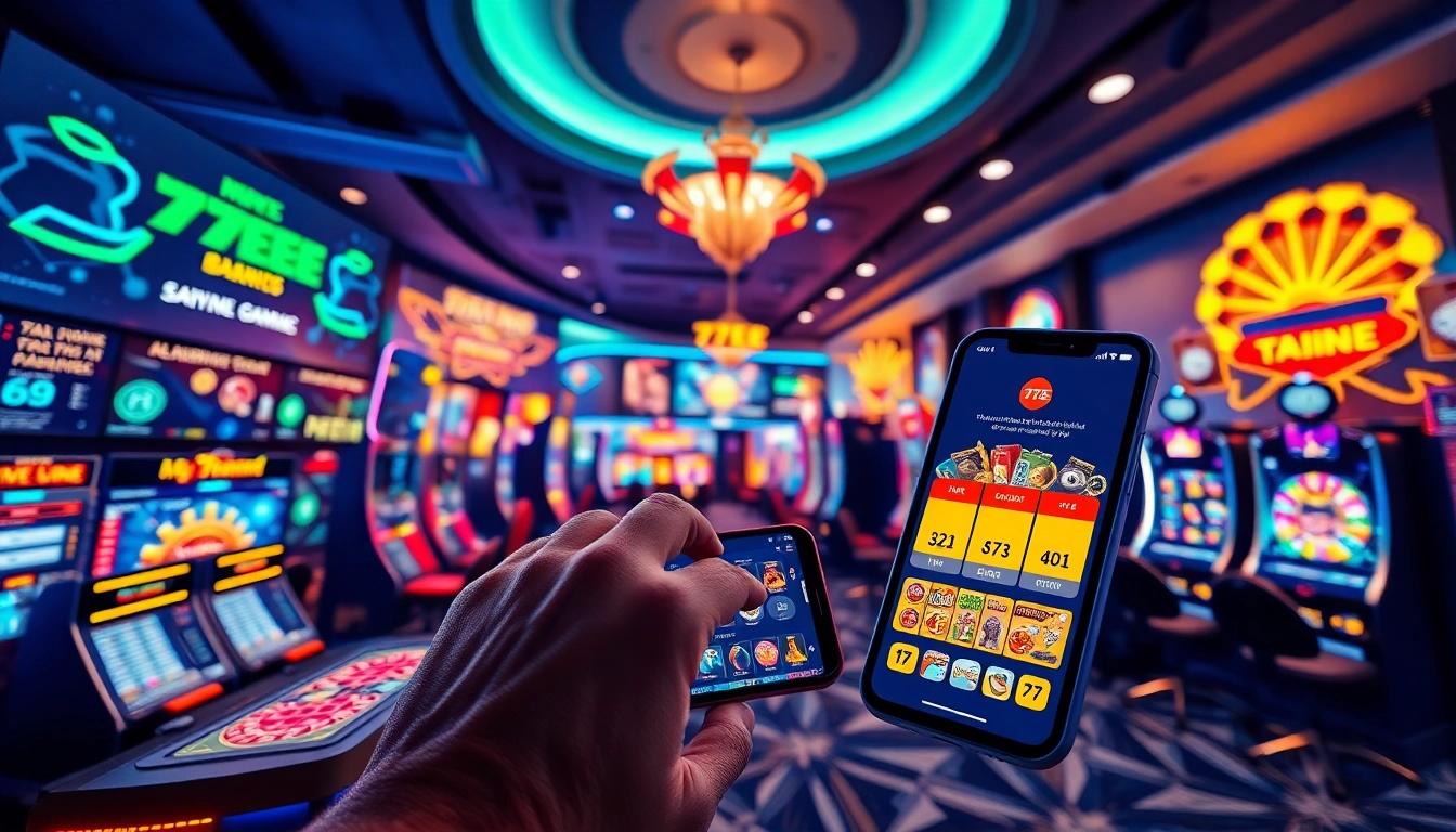 Engaging user experience on the 77EE online gaming platform, featuring diverse games and a sleek app interface.