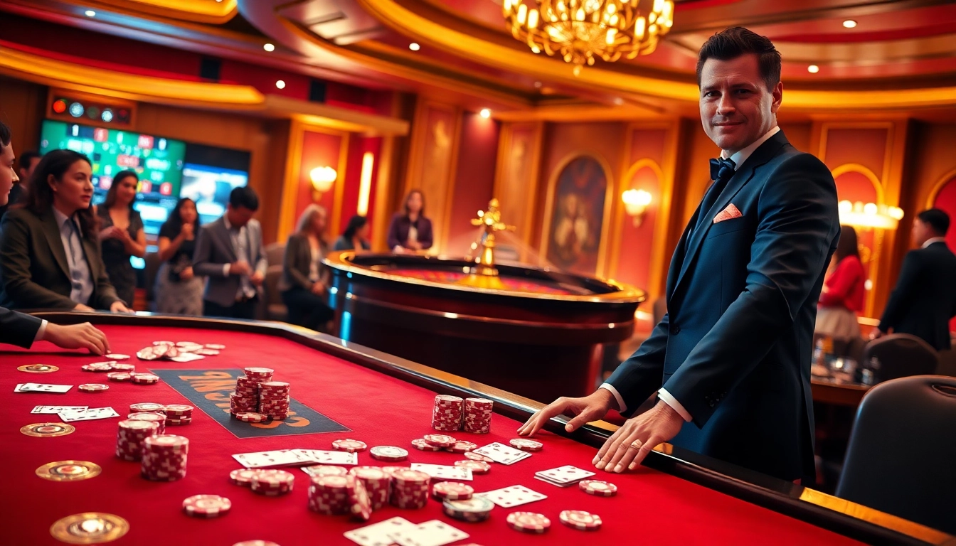 Exciting gambling scene featuring 98win's vibrant casino atmosphere with poker chips and roulette wheel.