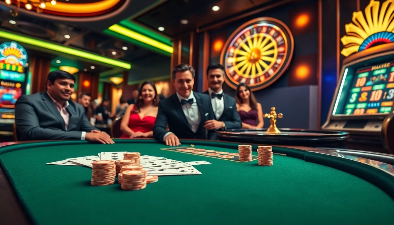 Engaging players enjoying games like poker and slots at https://9bet0.us.com/ casino, showcasing excitement and luxury.