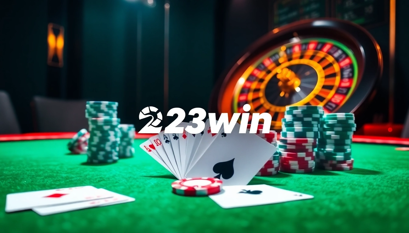 Experience the thrill of winning at 23win with an upscale gambling scene featuring cards and roulette.