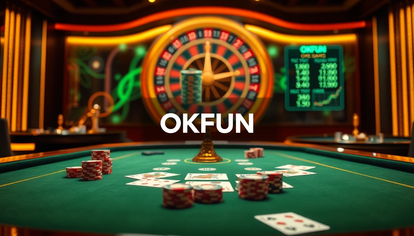 Engage in thrilling gambling action at OKFUN with poker chips and roulette wheel prominently featured.