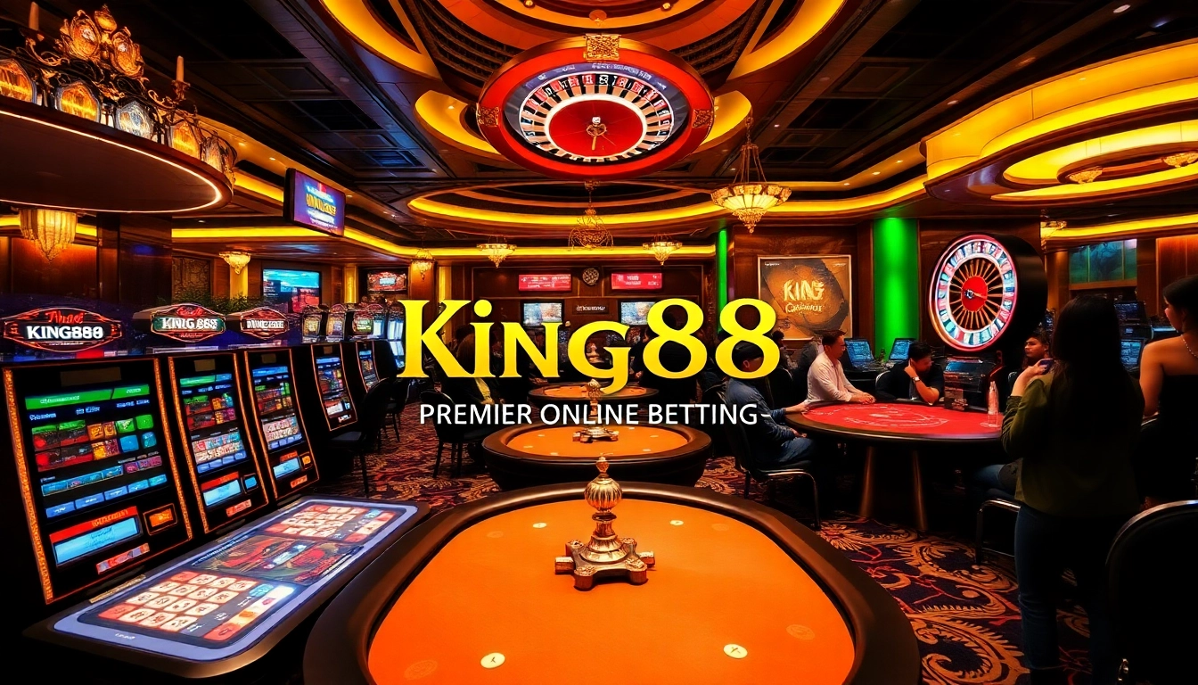Engaging gaming atmosphere showcasing the excitement of King88 casino with vibrant slot machines and poker tables.