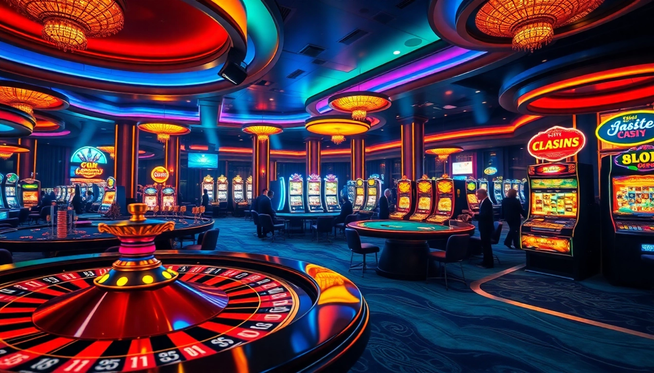 Experience excitement at https://hello88s.com.co/ with a vibrant casino scene showcasing roulette, poker, and illuminated slots.