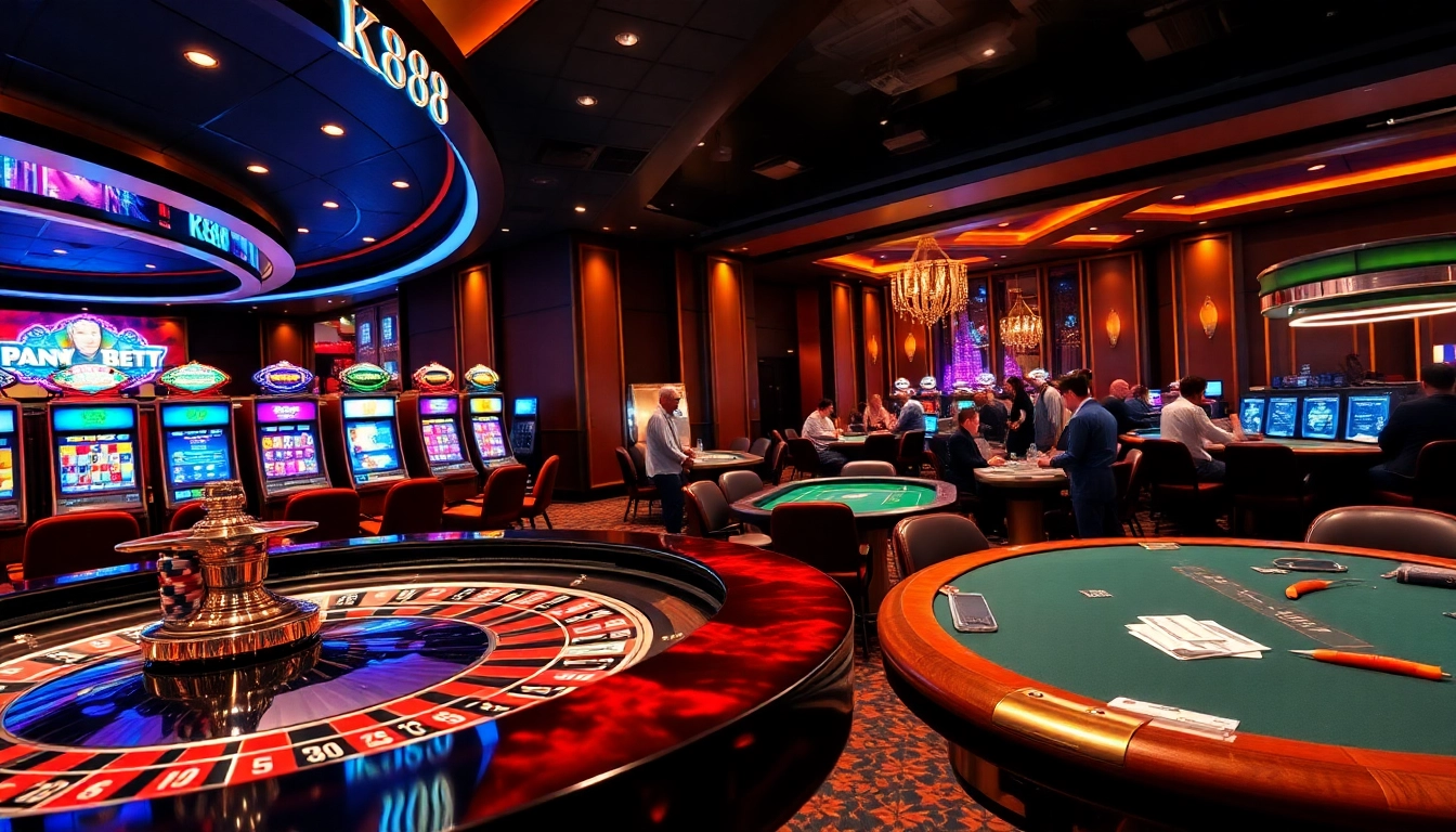 Exciting gambling scene featuring NK88 casino tables and vibrant slot machines.