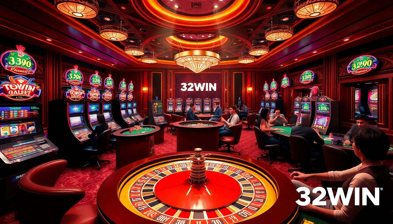 Experience the excitement of gambling at 32WIN casino with vibrant slot machines and roulette tables.