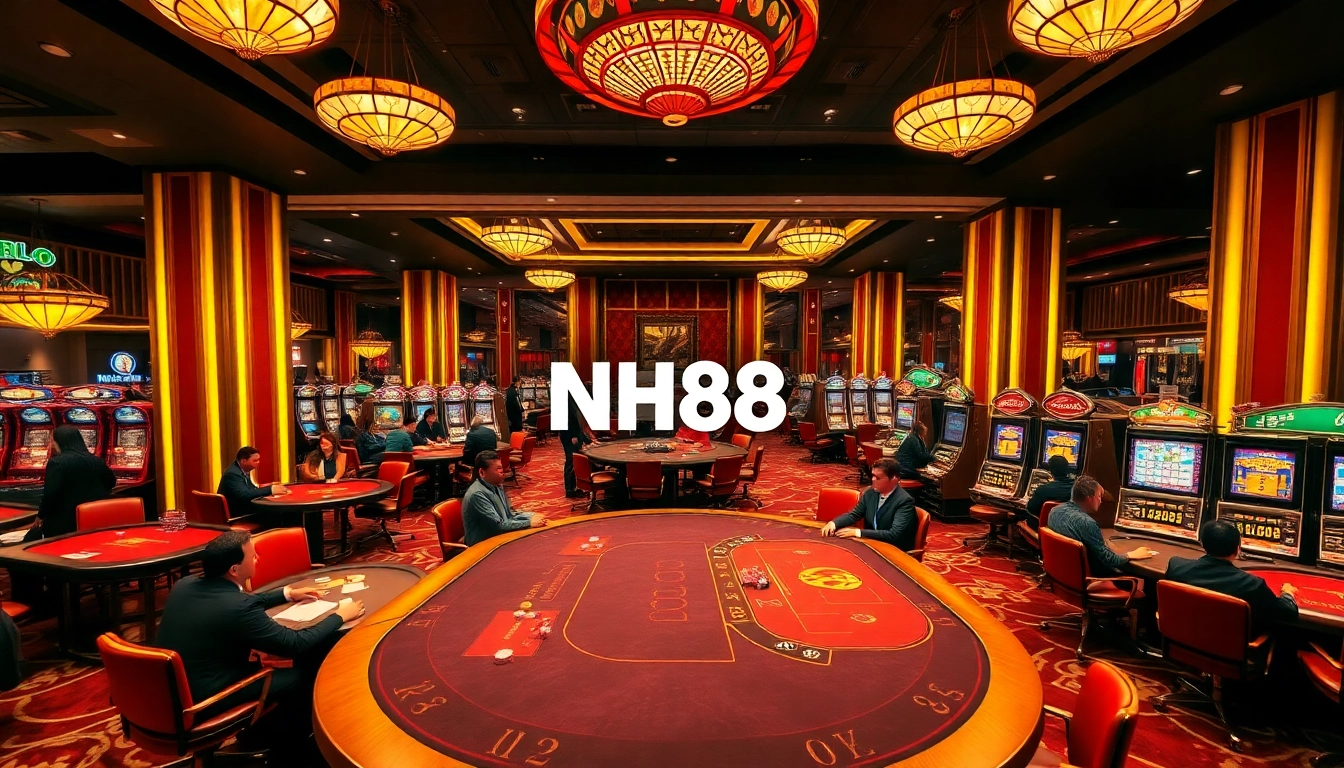 Engaging casino scene with NH88 branding, showcasing vibrant games and luxurious atmosphere.