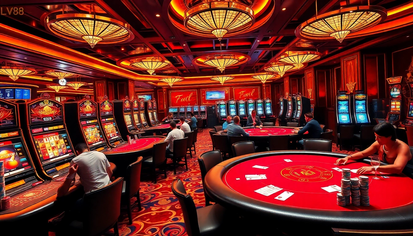 Excited players engage at LV88’s luxurious casino tables, showcasing vibrant colors and thrilling action.
