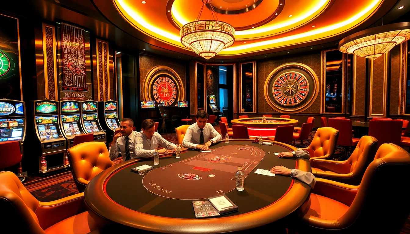 MMOO casino gaming scene with players at poker table and vibrant slot machines