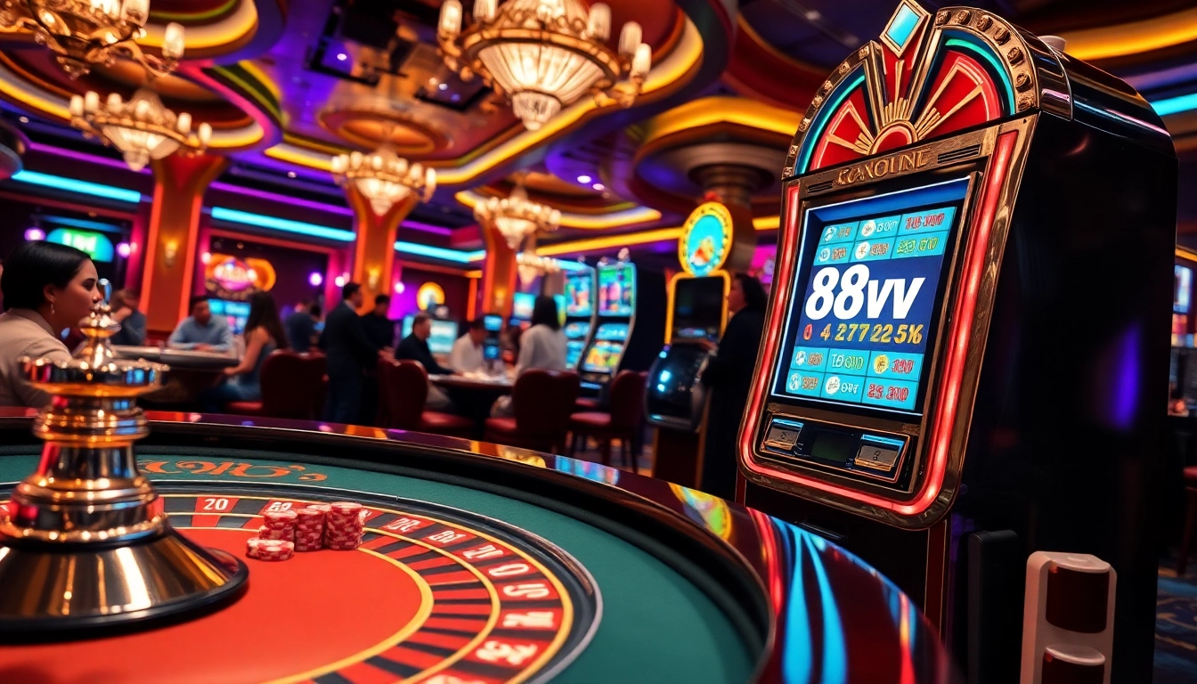 Experience thrill at 88vv casino with vibrant tables, dynamic players, and exciting gambling activities.