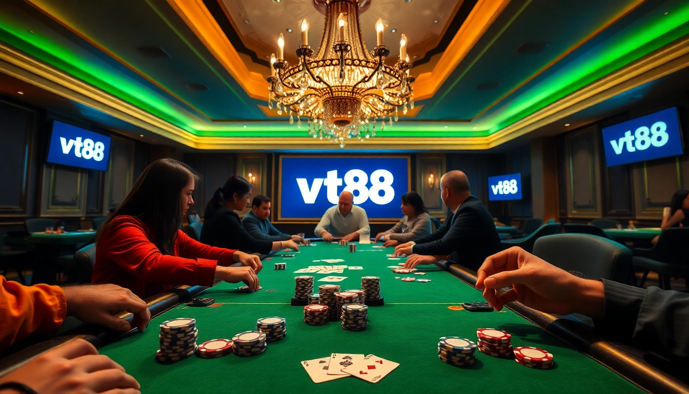 Engaged players at a high-stakes poker table in an exciting vt88 casino setting.