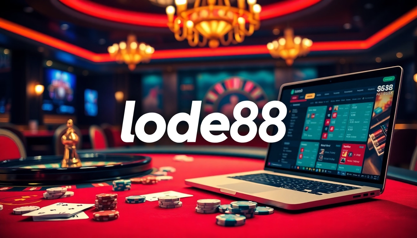 Lode88 online betting experience highlighted at a vibrant casino table with poker chips and cards.