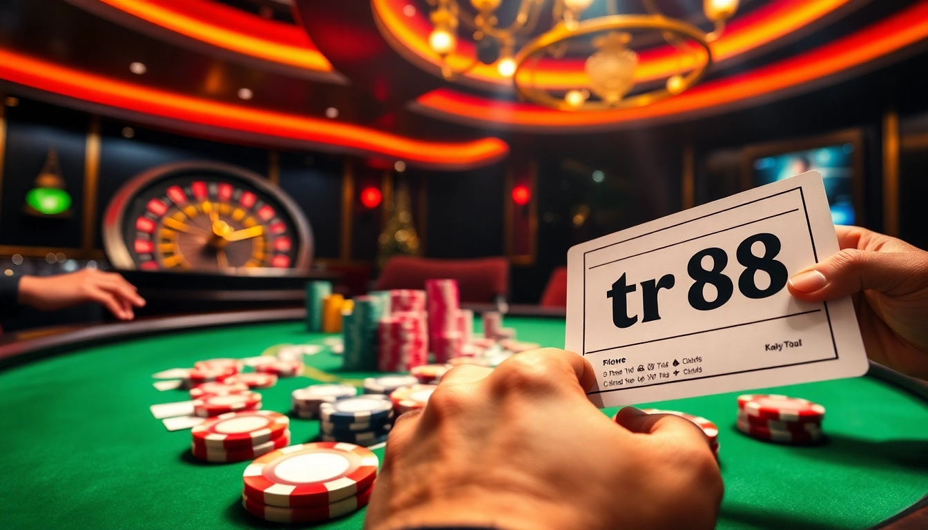 Engaged players at a high-stakes poker table showcasing tr88 betting strategies with colorful chips and cards.
