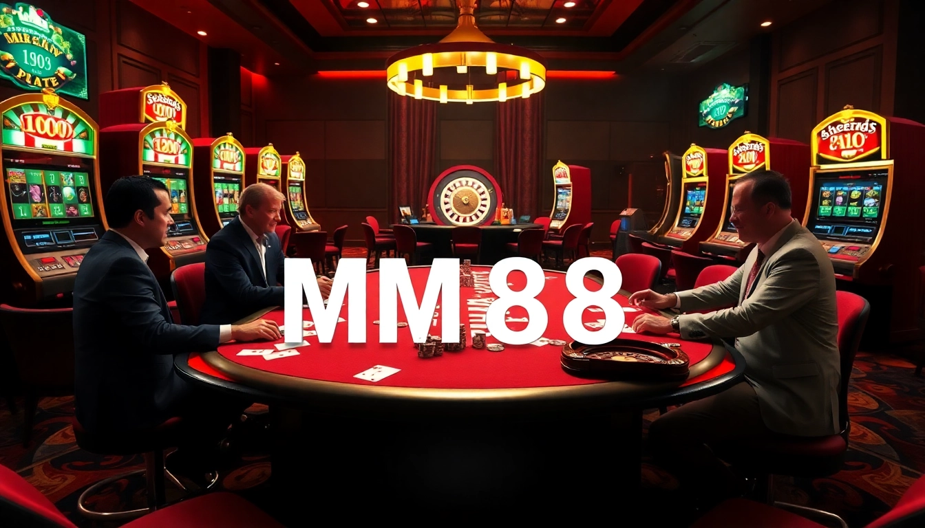 High-energy casino scene with MM88 branding, poker table, chips, and slot machines.
