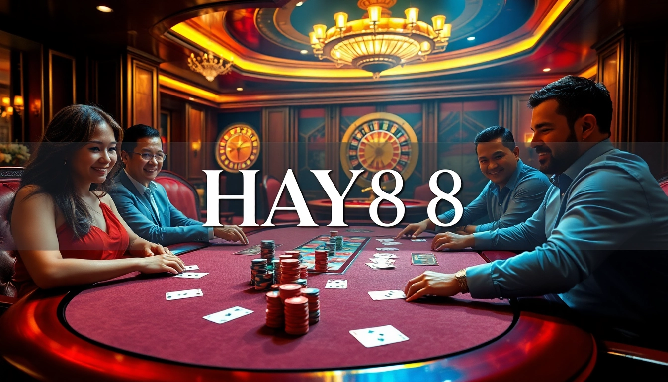 Engaged players at a luxurious casino table experiencing excitement with HAY88 poker gameplay.