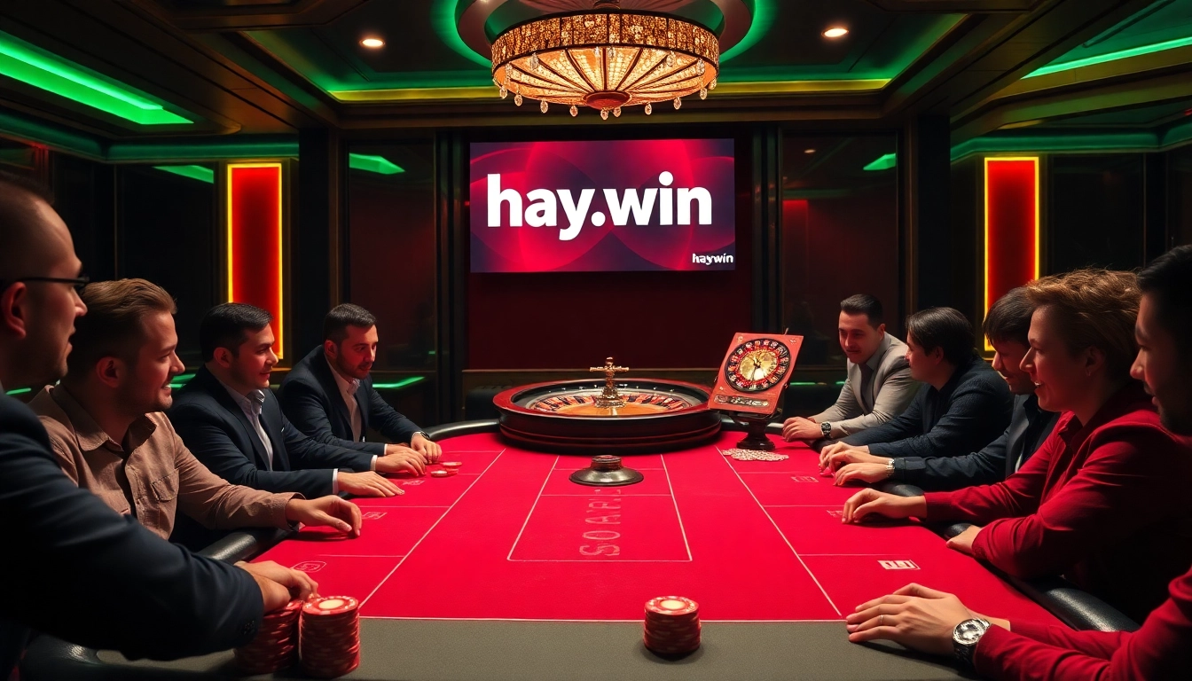 Players at a high-stakes table bet at hay.win's luxurious casino, showcasing excitement and strategy.