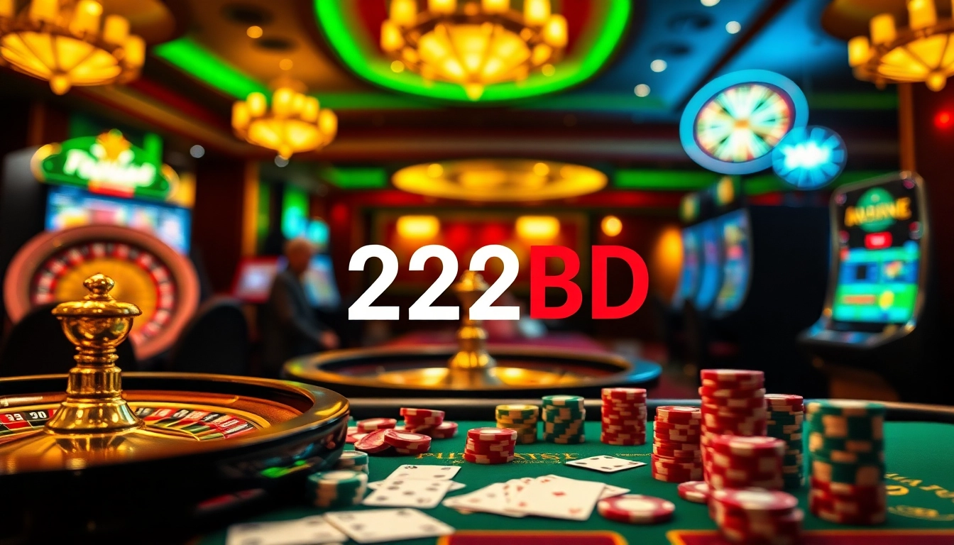 Experience thrilling online gaming with 222BD through a luxurious casino scene featuring roulette and poker setups.