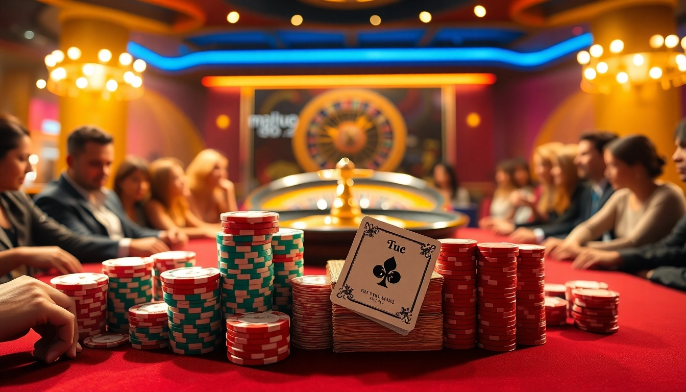 Exciting casino ambiance featuring mm88 poker games, chips, and roulette wheel.