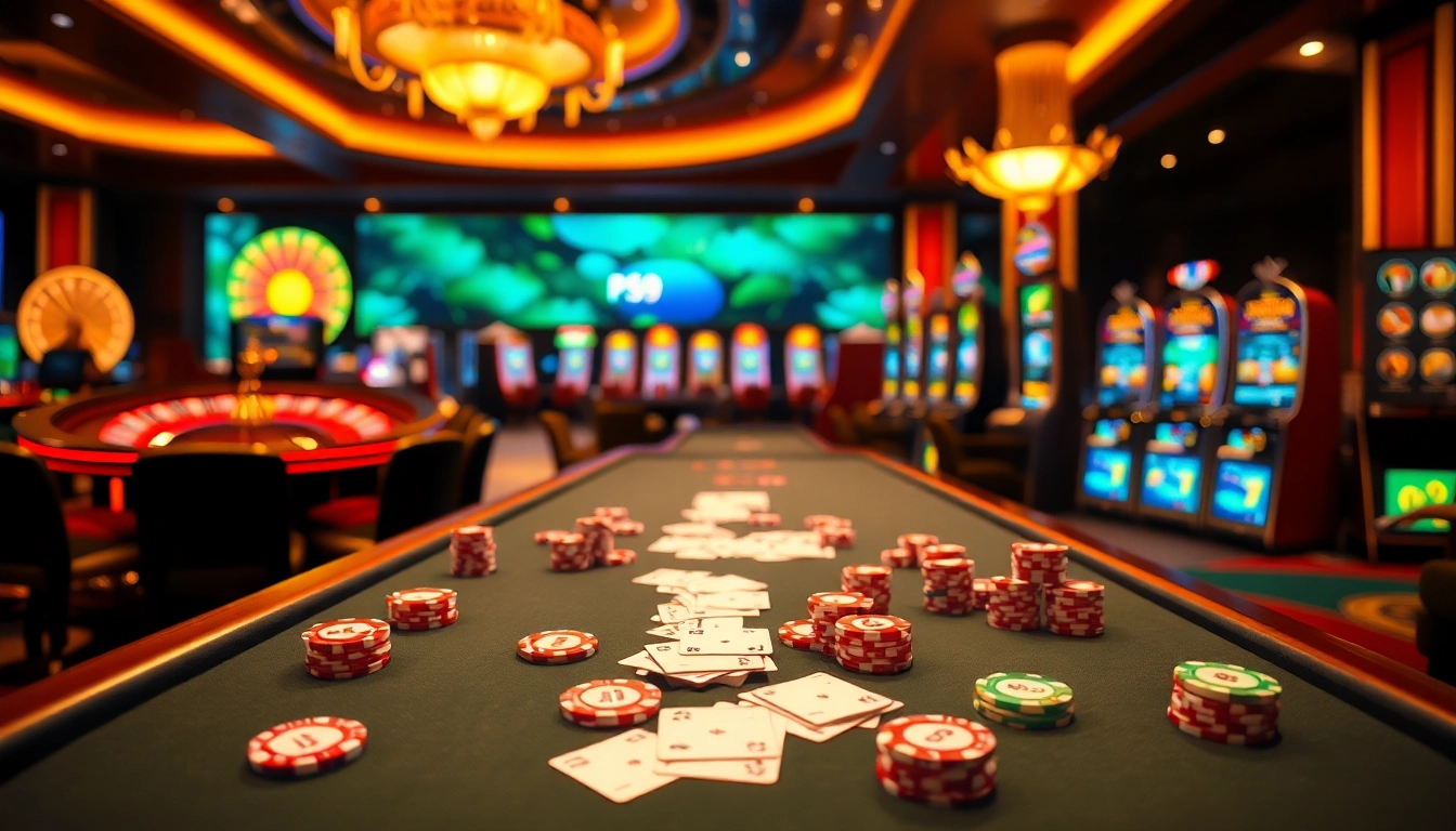 Players enjoying the excitement at PS99 casino with poker chips and vibrant slot machines.