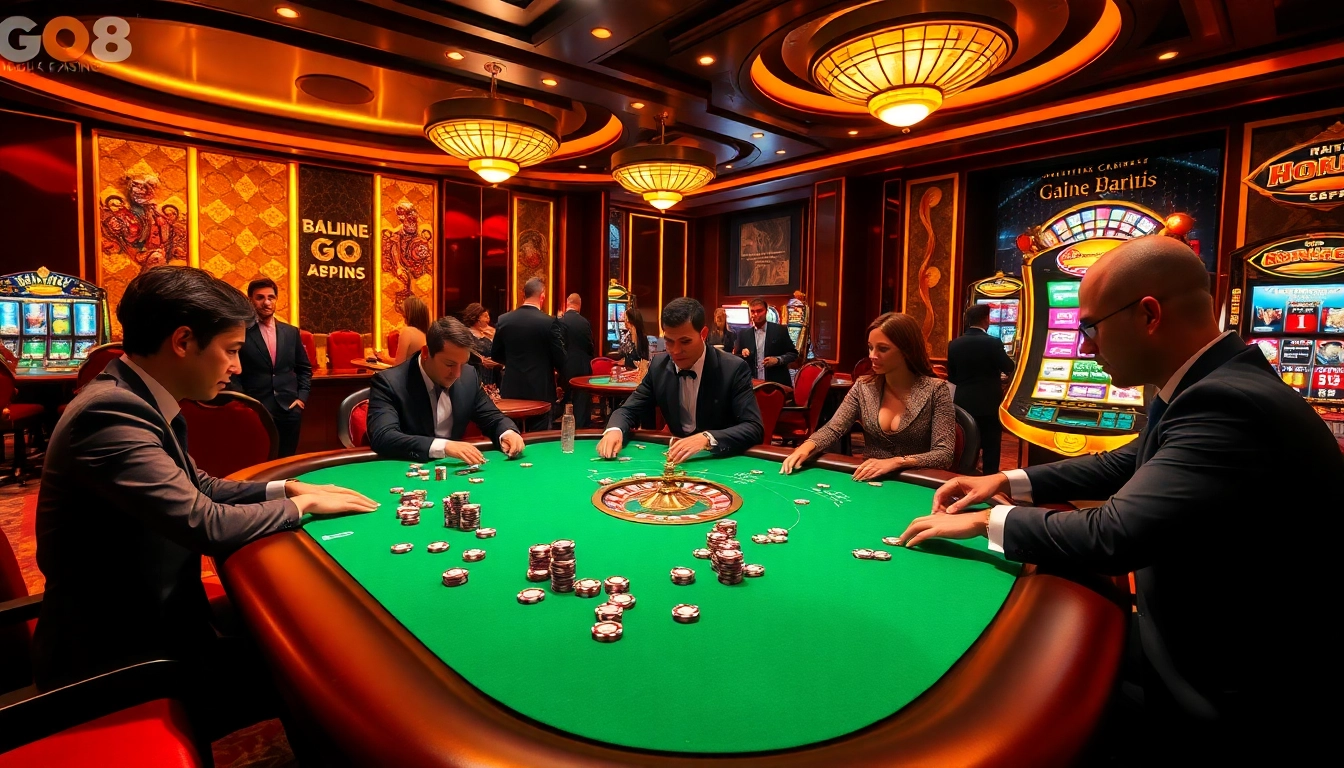 Engage with GO8 themed gambling excitement at a luxurious casino poker table.