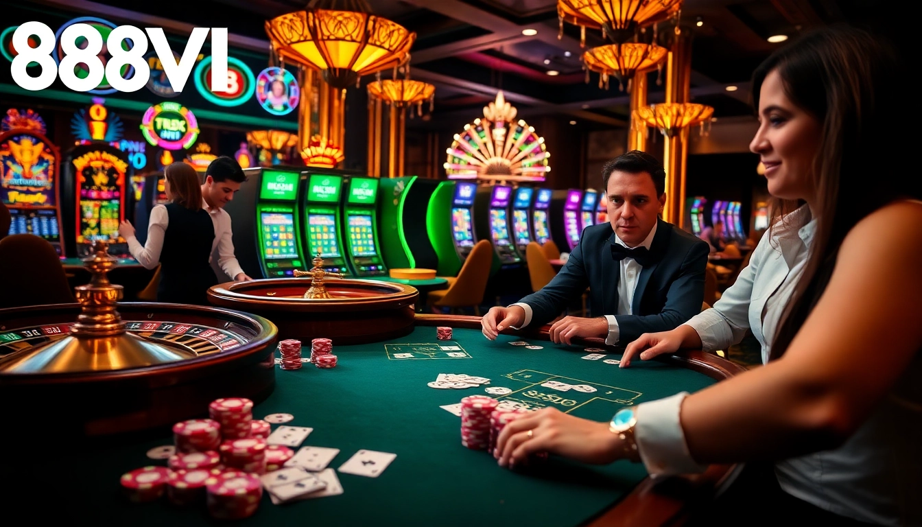 Players enjoying high-stakes games at 888VI casino, featuring poker, roulette, and slots.