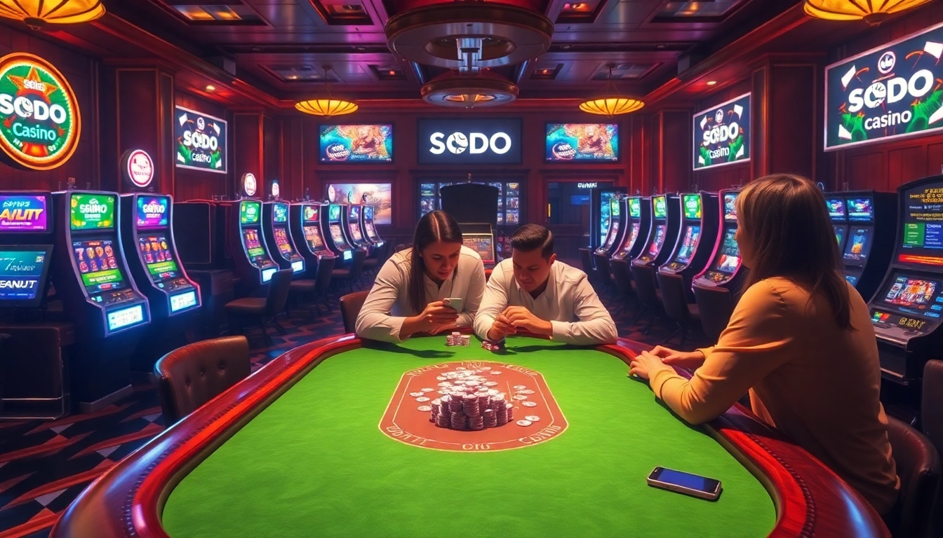 SODO Casino's luxurious poker table featuring excited players, vibrant chips, and elegant ambiance.