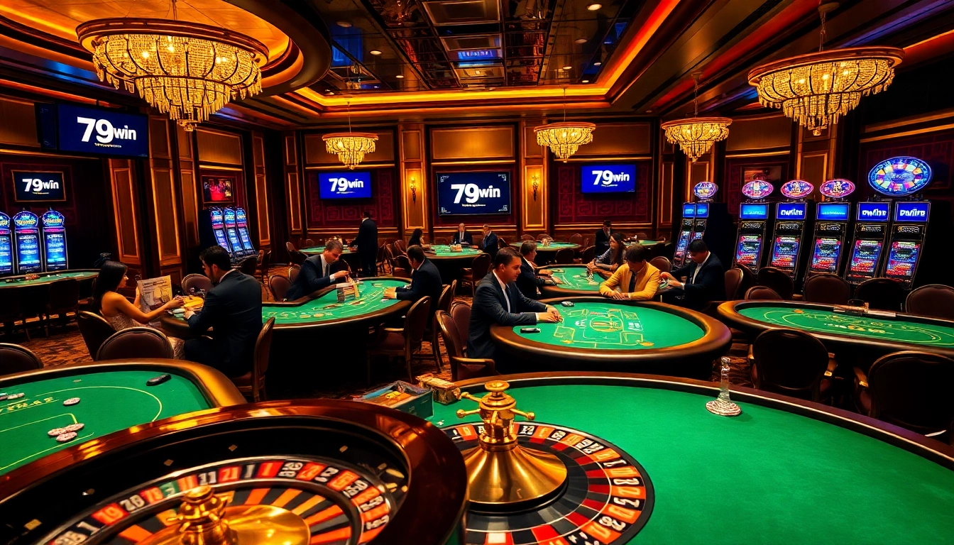 Players enjoy high-stakes poker at 79win's luxurious casino, highlighting excitement and strategy.