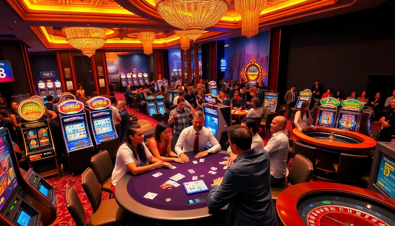 Excited players enjoying their time at five88 casino with chips and cards.